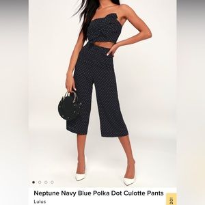Moraine Navy Blue Polka Dot Strapless Crop Top and Culotte Pants (2 piece)